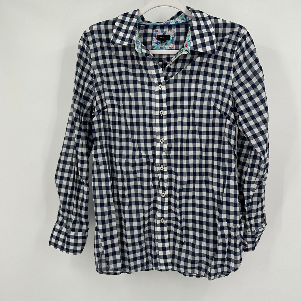 Talbots Womens Preppy Gingham Check Top Size M Cottagecore Nautical Coastal